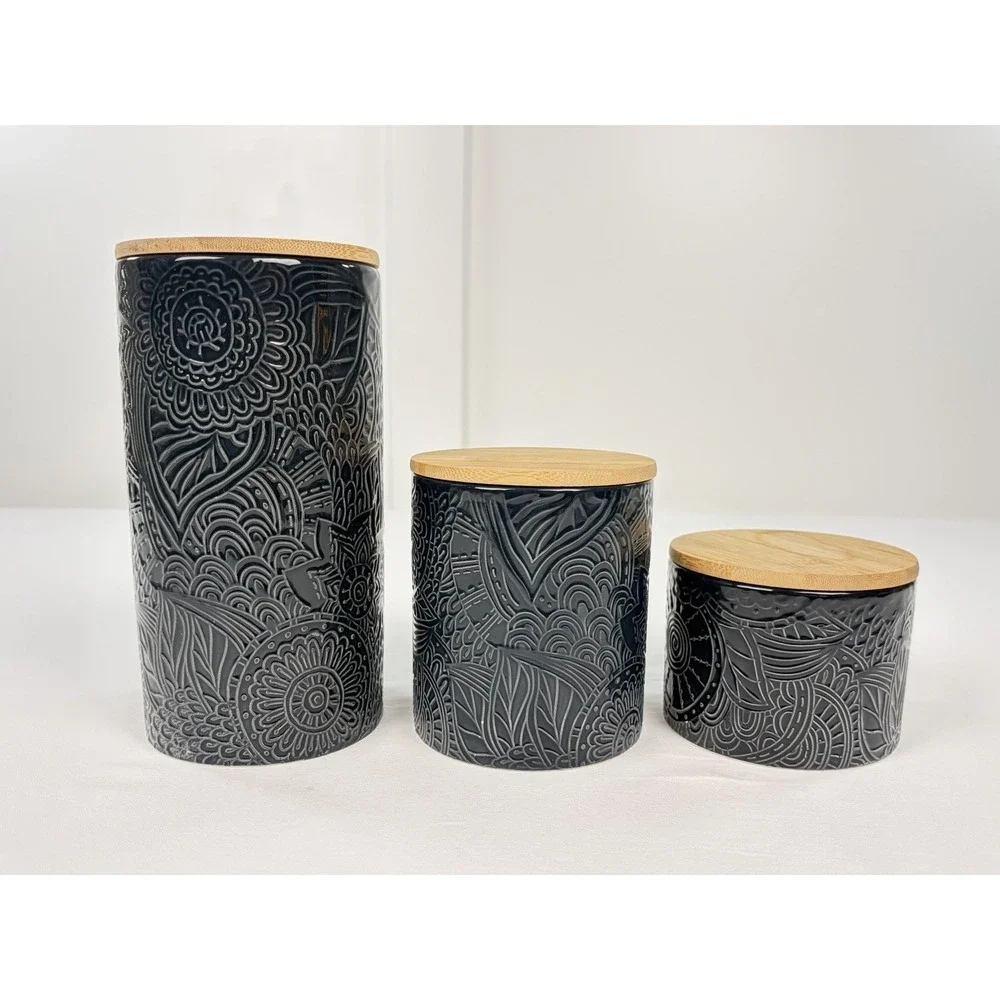 Atelier Ceramic Kitchen Canister Set 3 Piece Blue Embossed Floral Wood Lids